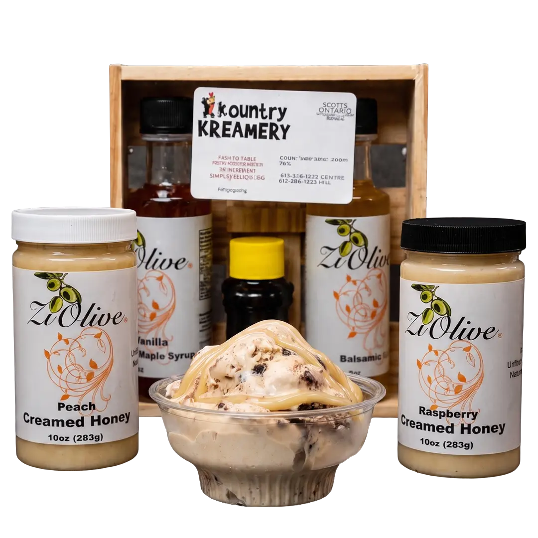 Menu Gourmet Hershey's Ice Cream bowl paired with Zi Olive honey, maple syrup, and balsamic at Kountry Kreamery.