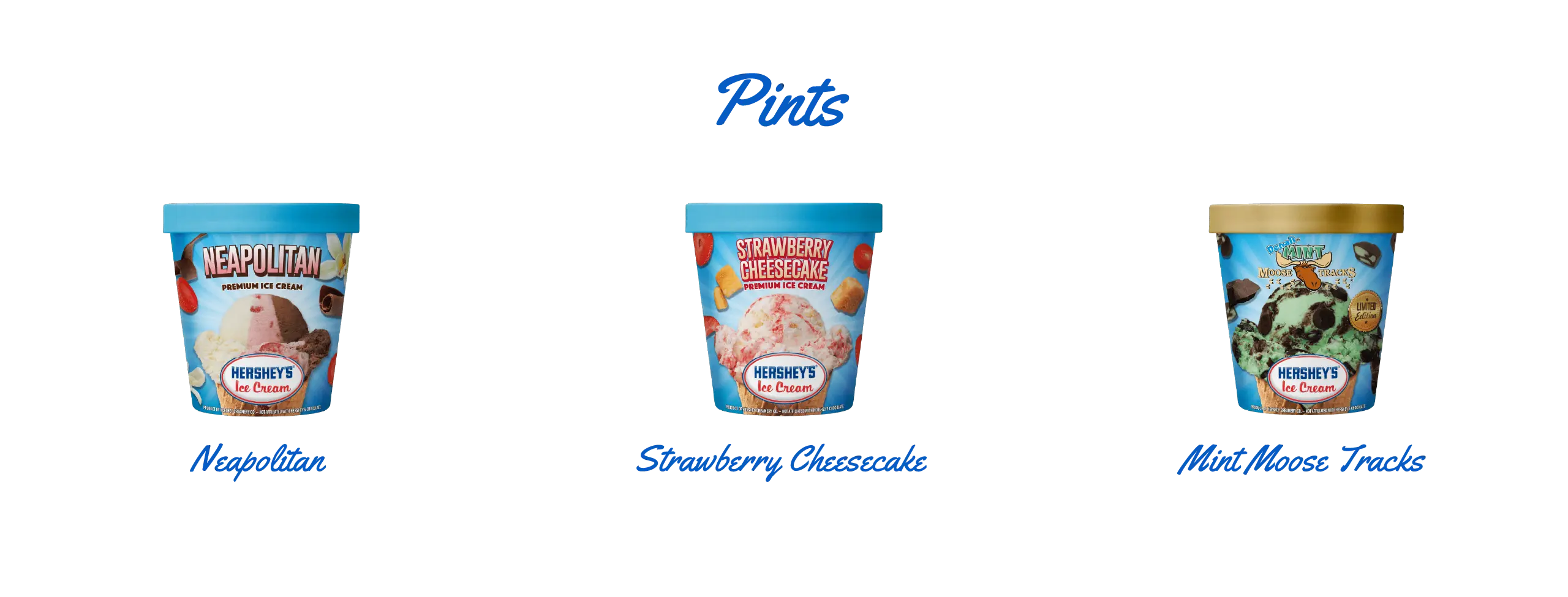 Hershey’s Ice Cream pints at Kountry Kreamery featuring Neapolitan, Strawberry Cheesecake, and Mint Moose Tracks flavors.